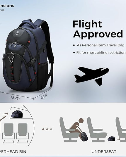 Swissdigital Design Laptop Backpack, Travel Backpack with USB Charging Port Fits 15.6 inches Computer, 31L College School Bookbag for Men, Blue/Black | SD803-12