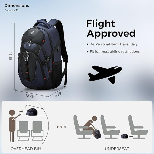Swissdigital Design Laptop Backpack, Travel Backpack with USB Charging Port Fits 15.6 inches Computer, 31L College School Bookbag for Men, Blue/Black | SD803-12