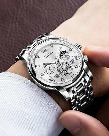 OLEVS Mens Watches Chronograph Watch Luxury Dress Stainless Steel Waterproof Watches for Men Moon Phase Luminous Business Calendar Wrist Watch Blue/Black/Green/Gold/Face