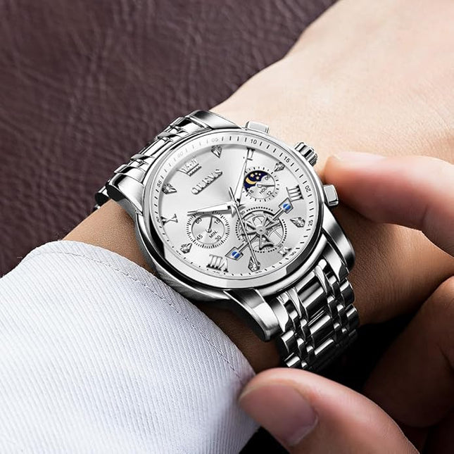 OLEVS Mens Watches Chronograph Watch Luxury Dress Stainless Steel Waterproof Watches for Men Moon Phase Luminous Business Calendar Wrist Watch Blue/Black/Green/Gold/Face