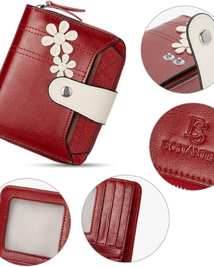 BOSTANTEN Leather Wallets for Women RFID Blocking Zipper Pocket Small Bifold Wallet Card Case Floral Red