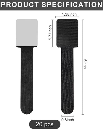 20-Pack Large Reusable Self-Adhesive Cable Ties cable management Adjustable Hook & Loop Straps for Organizing Data Cables, Wires, Headphones Under-Table Cord Management for Home, Office