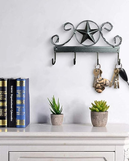 EcoRise Black Texas Country Western Key Holder - Rustic Wall Décor Key Hanger for Home, Vintage Metal Key Hangers for Wall, Star Key Rack Hook Wall Holders, Multiple Hooks for Keys (Black)
