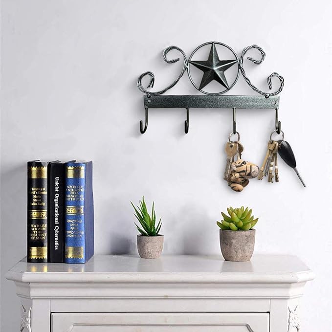 EcoRise Black Texas Country Western Key Holder - Rustic Wall Décor Key Hanger for Home, Vintage Metal Key Hangers for Wall, Star Key Rack Hook Wall Holders, Multiple Hooks for Keys (Black)