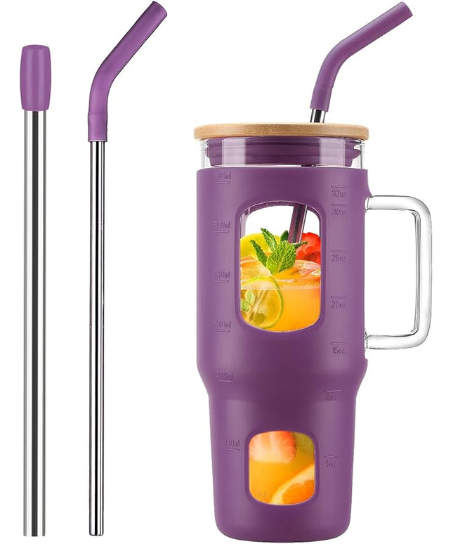 Glass Tumbler with Straw & Lid, 32 oz Glass Cup with Handle, Water Bottles with Time Marker - 2 Straws & Silicone Protective Sleeve Dark Purple