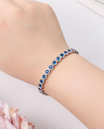Birthstone Tennis Bracelets for Women Birthday Gifts 925 Sterling Silver Hexagon White Gold Bracelets Round Cut 5A Cubic Zirconia Prong Setting 7 Inch Anniversary Jewelry Gift