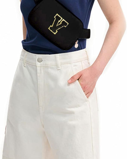 Uygafly Personalized Belt Bag for Women Girls - Fashion Mini Waist Packs with Adjustable Strap - Trendy Travel Fanny Pack Crossbody Bags with Initial Letter - Teen Gifts | Black,Black V