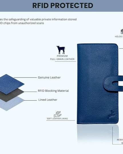 DEERHANDMADE womens wallet (Holds 15-18 Cards, 4 Flat Pockets, 1 ID Windows) Genuine Leather clutch purses for women | Slim long wallets for women | rfid blocking wallet (blue wallets for women)