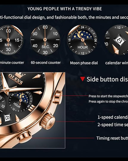 OLEVS Men's Watches Leather Strap Analog Quartz Watch, Fashion Big Dial Date Waterproof Watch, Dress Luxury Luminous Men Watches