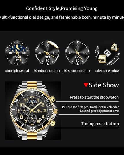 OLEVS Mens Watches Chronograph Watch Luxury Dress Stainless Steel Waterproof Watches for Men Moon Phase Luminous Business Calendar Wrist Watch Blue/Black/Green/Gold/Face
