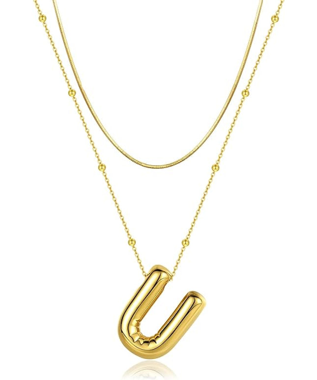 LUCA SMITH Initial Necklaces for Women, Dainty Balloon Bubble Letter, Name Letter Alphabet Pendant Layered Choker Chain Jewelry Gift