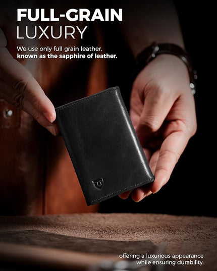 LORZOR Minimalist Wallet for Men with Credit Card Holder, Finest Full Grain Leather, Pop up Smart Wallet, Trifold Slim Wallet, RFID Blocking, Front Pocket, ID Window