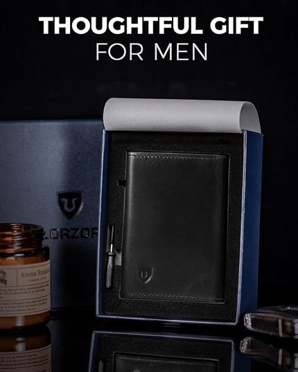 LORZOR Minimalist Wallet for Men with Credit Card Holder, Finest Full Grain Leather, Pop up Smart Wallet, Trifold Slim Wallet, RFID Blocking, Front Pocket, ID Window