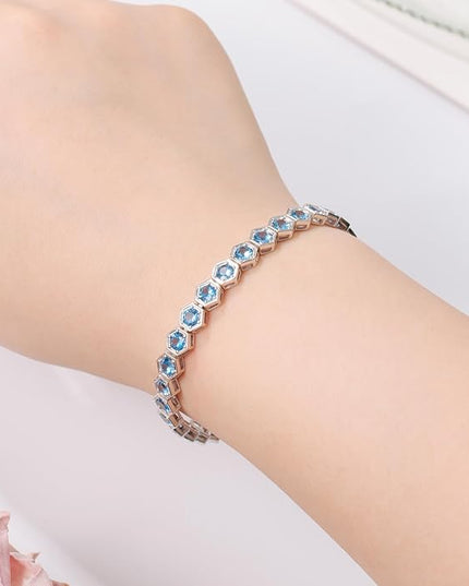Birthstone Tennis Bracelets for Women Birthday Gifts 925 Sterling Silver Hexagon White Gold Bracelets Round Cut 5A Cubic Zirconia Prong Setting 7 Inch Anniversary Jewelry Gift