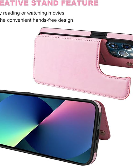 ONETOP Compatible with iPhone 13 Pro Max Wallet Case with Card Holder,PU Leather Kickstand Card Slots Case, Double Magnetic Clasp and Durable Shockproof Cover 6.7 Inch(Pink)