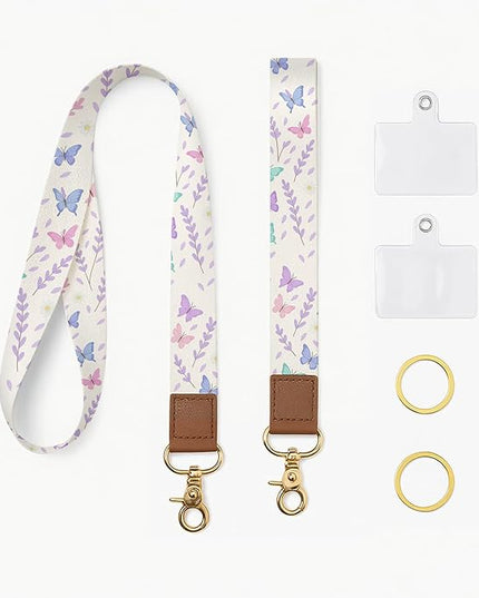 Cell Phone Lanyard with Wrist Strap, Floral Butterfly Neck Lanyard for Phones, Wallet, ID Badge and Car Keys – Universal Set