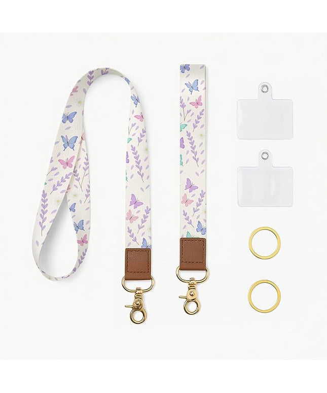 Cell Phone Lanyard with Wrist Strap, Floral Butterfly Neck Lanyard for Phones, Wallet, ID Badge and Car Keys – Universal Set