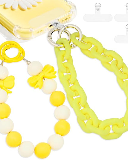 2 Pcs Phone Charm Wrist Strap with Tether Tab, Double Anti Lost Cute Beaded Wrist Lanyard, Detachable Transparent Phone Charms for Bag, Key Chains, Camera Decor