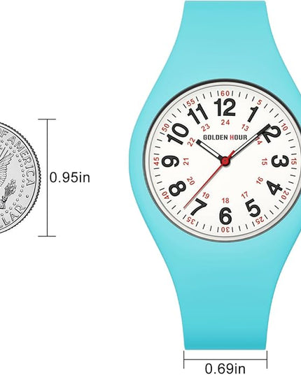 GOLDEN HOUR Waterproof Sports Analog Unisex Watches for Nurse Medical Professionals, Students - Military Time Glowing Easy to Read Dial, Jelly Silicone Strap
