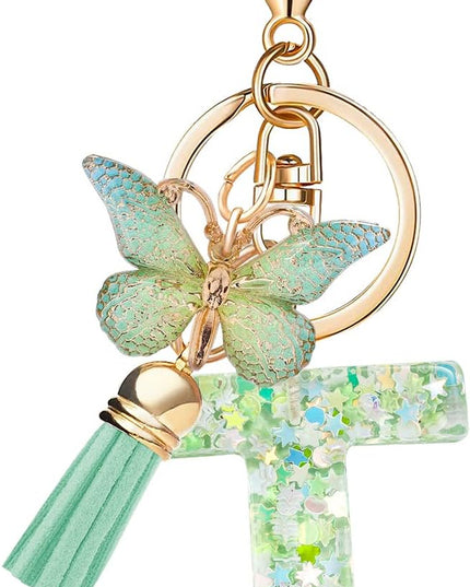 Fashion Alphabet Initial Letter Keychain Tassel Butterfly Pendant Key Ring for Purse Handbags Women Girl