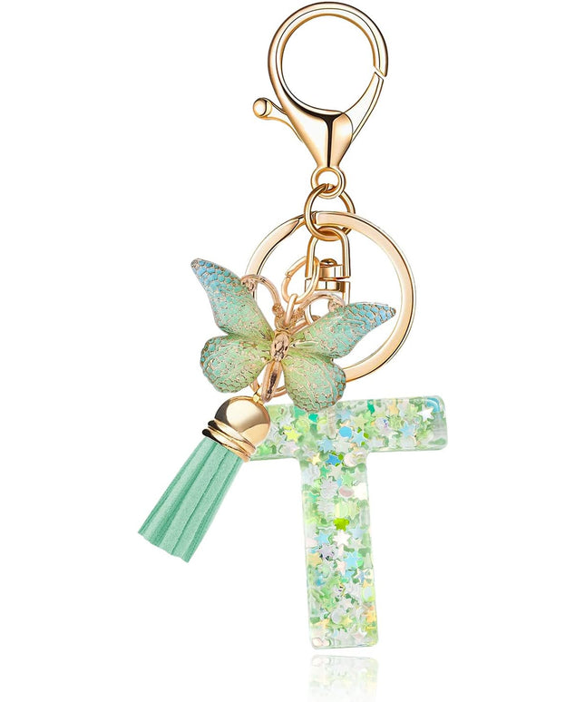 Fashion Alphabet Initial Letter Keychain Tassel Butterfly Pendant Key Ring for Purse Handbags Women Girl