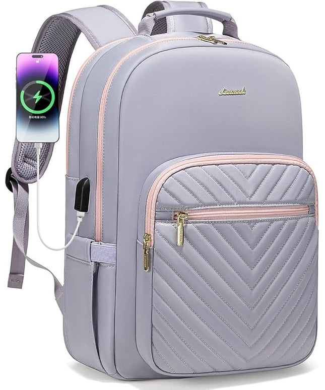 LOVEVOOK Laptop Backpack for Women 15.6 inch,Cute Travel Carry on Backpack Purse,Professional Computer Bag,Waterproof Work Business College Teacher Bag with USB Port,Grey Pink