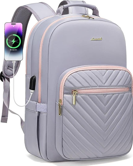 LOVEVOOK Laptop Backpack for Women 18.4 inch,Cute Womens Travel Backpack Purse,Professional Laptop Computer Bag,Waterproof Work Business College Teacher Bags Carry on Backpack with USB Port,Grey Pink