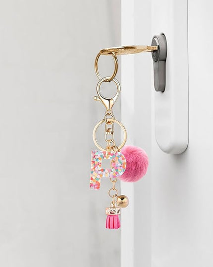 Resin Alphabet Initial Letter Keychain Keyring for Women Purse Handbags With Fur Ball Pom