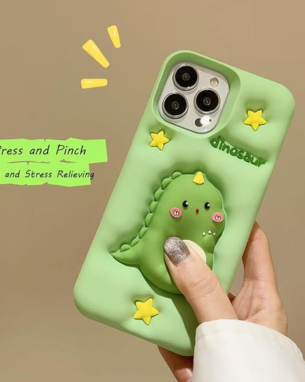 Case Compatible with iPhone 15 Pro Max,Cute 3D Kawaii Funny Green Dinosaur Decompression Cartoon Cover with Keychain Soft Silicone Gel Drop Protector Women Girls