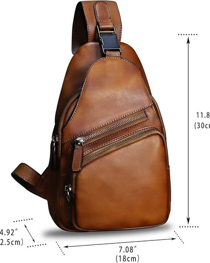 Genuine Leather Sling Bag Crossbody Purse Handmade Hiking Daypack Motorcycle Bag Retro Shoulder Backpack Vintage Chest Bag (Brown)