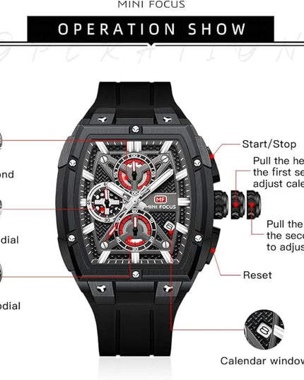 MF MINI FOCUS Men's Watch Analog Fashion Wrist Watch, Skeleton Tonneau Watch for Men with Chronograph,Ideal for Sports Enthusiasts and Daily Wear