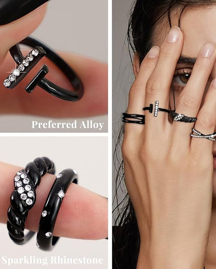 KISS WIFE Goldenen Silvery Black Kunckle Rings Set for Women, Dainty Simple Trendy Cute Stackable Finger Rings Pack, Perfect for Stacking Layering on Thumb and Knuckle, Mixed Size, Jewelry Gift