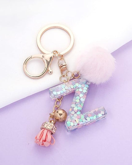 Resin Alphabet Initial Letter Keychain Keyring for Women Purse Handbags With Fur Ball Pom