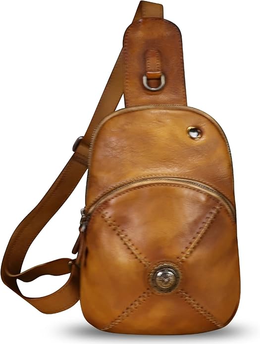 Genuine Leather Small Sling Bag for Women Crossbody Purse Handmade Hiking Daypack Retro Shoulder Backpack Vintage Chest Bags