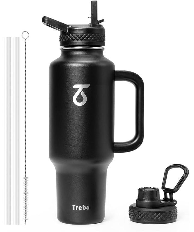 Trebo 40 oz Water Bottle Insulated Fit Car Cup Holder with Handle, Stainless Steel Water Bottles Tumbler with Spout Straw Lids, Double Wall Travel Reusable Flask, Leakproof Mug,Keep Cold &Hot,Black