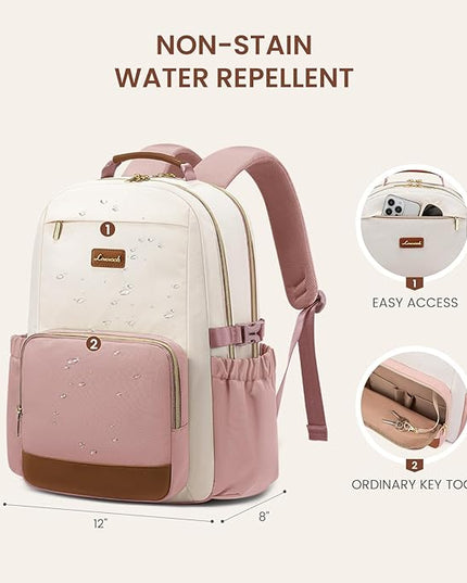 LOVEVOOK Laptop Backpack for Women with Pouch Pocket for Large Capacity Cup,15.6 Inch Teacher Nurse College Work Backpack Purse,Waterproof Laptop Bag Computer Back Pack for Travel, Beige-Pink-Brown