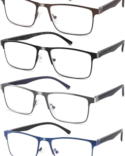 4-Pack Blue Light Blocking Reading Glasses for Men Stylish Metal Frame Readers with Comfort Spring Hinges Anti Glare UV Filter Eyeglasses, +3.75 STRENGTH