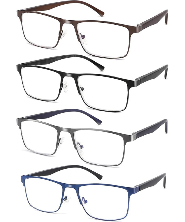 4-Pack Blue Light Blocking Reading Glasses for Men Stylish Metal Frame Readers with Comfort Spring Hinges Anti Glare UV Filter Eyeglasses, +3.75 STRENGTH