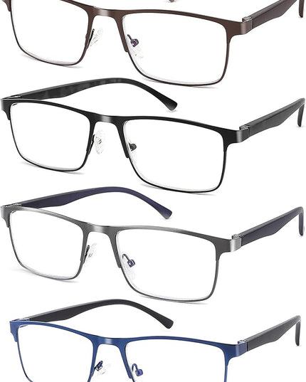 4-Pack Blue Light Blocking Reading Glasses for Men Stylish Metal Frame Readers with Comfort Spring Hinges Anti Glare UV Filter Eyeglasses, +3.25 STRENGTH