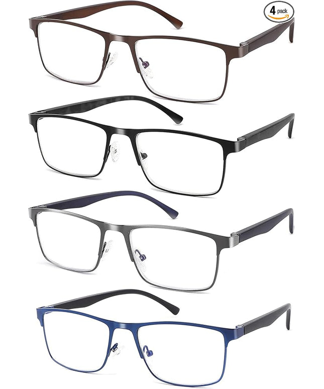4-Pack Blue Light Blocking Reading Glasses for Men Stylish Metal Frame Readers with Comfort Spring Hinges Anti Glare UV Filter Eyeglasses, +2.25 STRENGTH