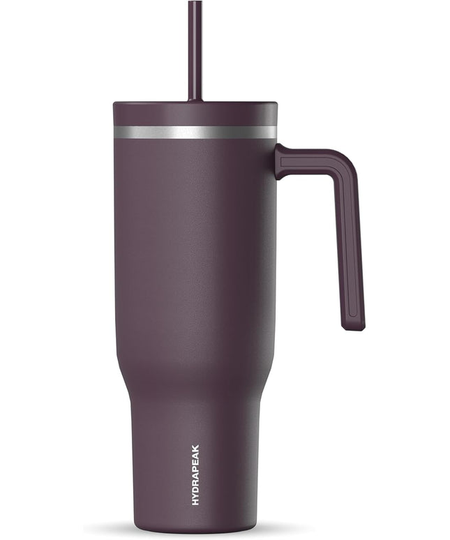 Hydrapeak Voyager 40 Oz Stainless Steel Tumbler with Handle, Insulated Water Bottle With Straw & Lid, Cupholder Friendly Reusable Travel Mug (Midnight Plum)