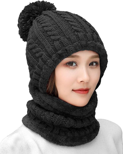 HUAMULAN Women Winter Beanie Hats One Piece Fleece Lined Knit Balaclavas Mask Set Skull Neck Circle Scarf Ski Snow Hat Pompom