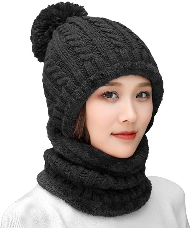 HUAMULAN Women Winter Beanie Hats One Piece Fleece Lined Knit Balaclavas Mask Set Skull Neck Circle Scarf Ski Snow Hat Pompom