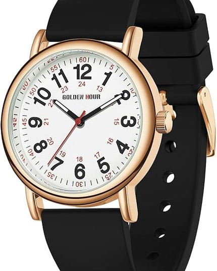 GOLDEN HOUR Waterproof Nurse Watch for Medical Professionals, Students Women Men - Military Time Luminouse Easy Read Dial, 24 Hour with Second Hand, Colorful Silicone Band
