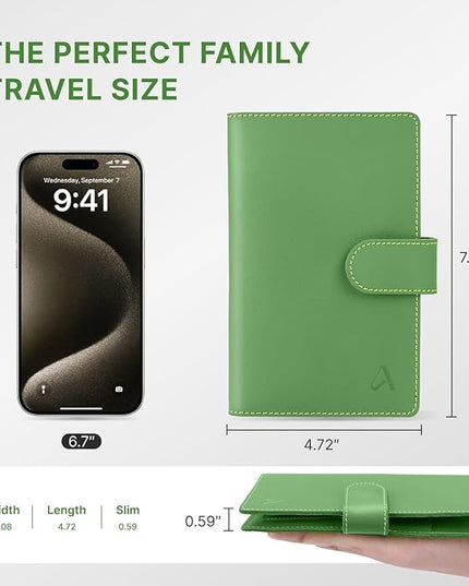 ALLIVE Genuine Leather Family Passport Wallet, Rfid Blocking Passport Holder for Travel, passport cover with AirTag Slot for Women & Men, Airport Essentials, Family Travel Gift (Avocado Green)