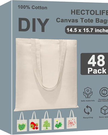 6 I 12 I 24 I 48 Pack Canvas Tote Bags,Reusable Blank Canvas for Shopping Bags,Grocery Bags,DIY Gift Bags