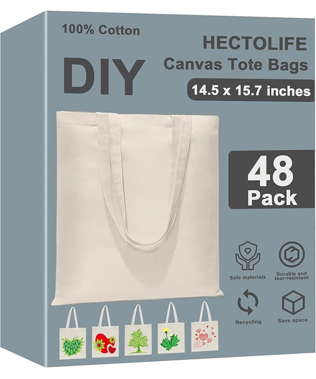 6 I 12 I 24 I 48 Pack Canvas Tote Bags,Reusable Blank Canvas for Shopping Bags,Grocery Bags,DIY Gift Bags