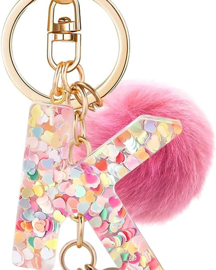 Resin Alphabet Initial Letter Keychain Keyring for Women Purse Handbags With Fur Ball Pom
