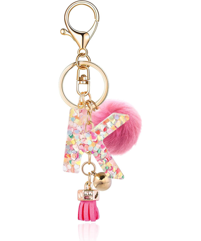 Resin Alphabet Initial Letter Keychain Keyring for Women Purse Handbags With Fur Ball Pom