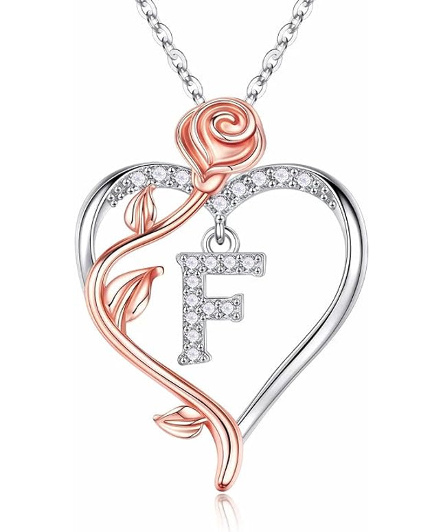 Iefil Christmas Gifts for Women Wife - 925 Sterling Silver Rose Heart Initial Necklace, Anniversary Birthday Gifts for Women, Jewelry Gift for Her Wife Girlfriend Mom Daughter